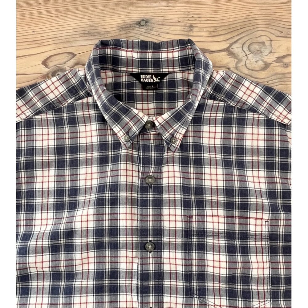 Eddie Bauer Button Up Shirt Mens L Blue Plaid Short Sleeve 100% Cotton